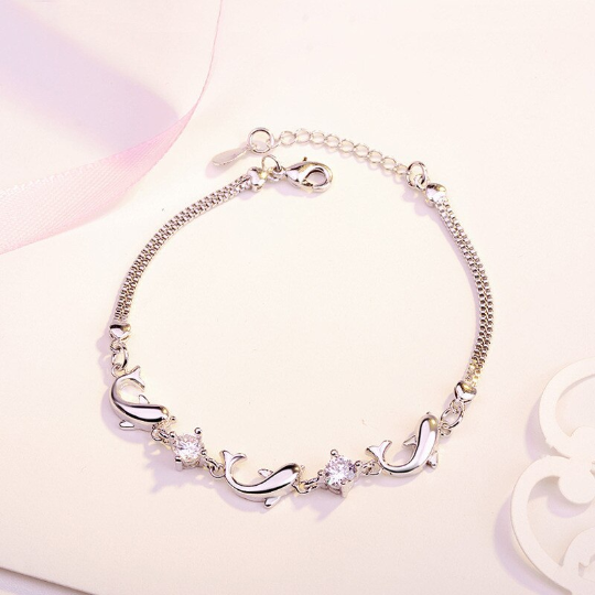 Sterling Silver Plated Crystal Zircon Dolphin Bracelet