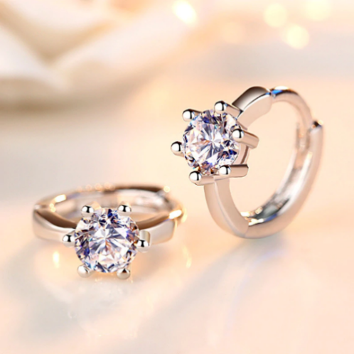 Sterling Silver Plated Six Claws Crystal Hoop Earrings