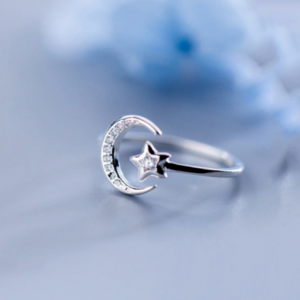 925 Sterling Silver Zircon Moon & Star Adjustable Ring (Size 7-9)