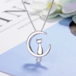 Sterling Silver Plated Cat & Moon Pendant Necklace