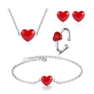 Sterling Silver Plated Rose Red Classic Heart Jewelry Set