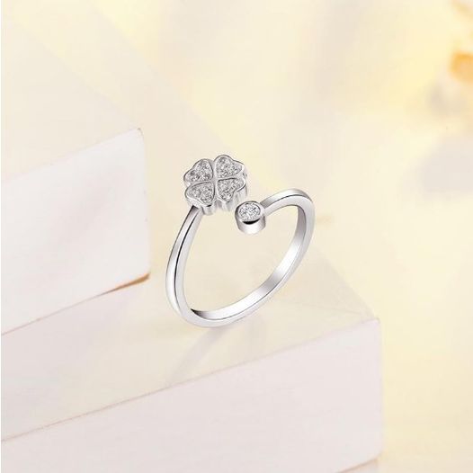 Silver Plated Lucky Clover Hearts Adjustable Zirconia Ring (Size 6.5-8)