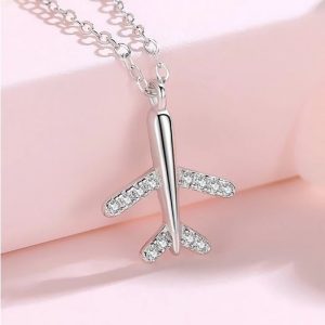 Sterling Silver Plated Micro Zirconia Airplane Pendant Necklace