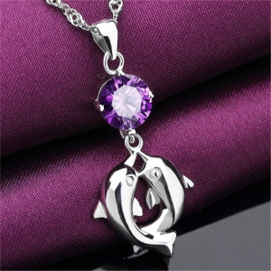 Silver Plated Purple Crystal Double Dolphin Necklace