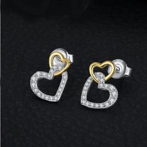 Exquisite 925 Sterling Silver Double Heart Zircon Stud Earrings