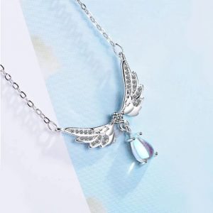 Sterling Silver Plated Angel Wings Moonstone Pendant Choker