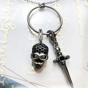 Sterling Silver Plated Rebel Skull & Sword Zirconia Pendant Necklace