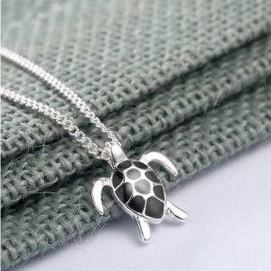 Silver Plated Black Enamel Turtle Pendant Necklace