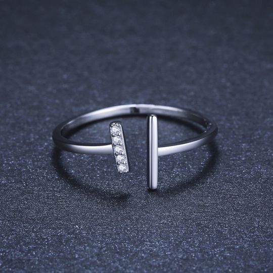 Sterling Silver Plated Double T Zircon Adjustable Ring (Size 6-7.5) - Image 2