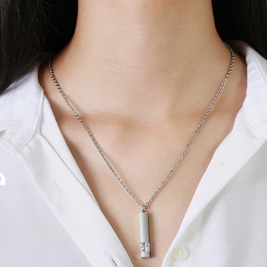 Cremation Ashes Stainless Steel Zirconia Keepsake Bar Necklace - Image 2