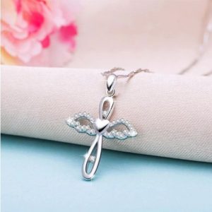 Exquisite Sterling Silver Plated Zircon Wings Cross Pendant Choker