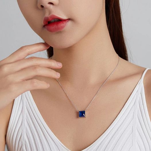 Platinum 925 Sterling Silver Dazzling Blue Zirconia Square Pendant Choker - Image 4