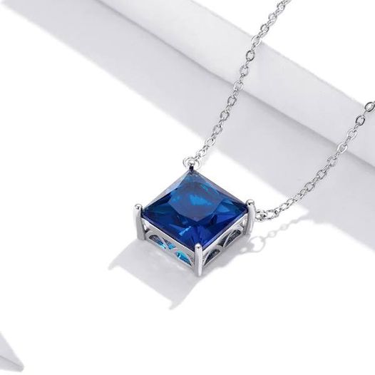 Platinum 925 Sterling Silver Dazzling Blue Zirconia Square Pendant Choker - Image 2