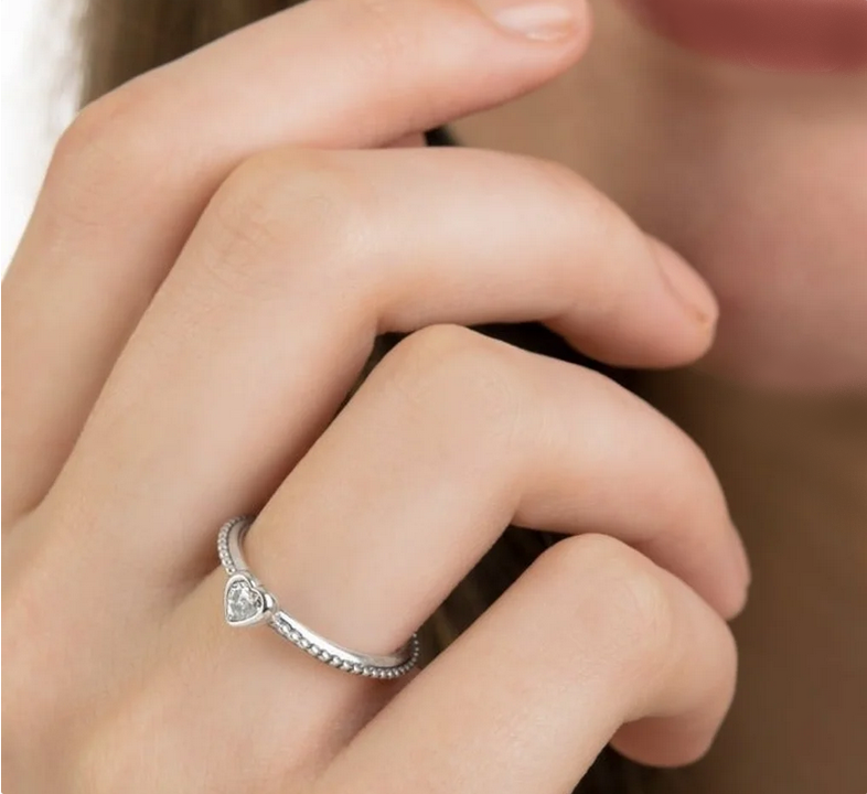 Sterling Silver Plated Zirconia Heart Beaded Ring - Image 4