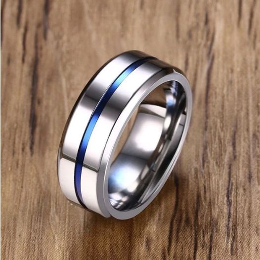 Men's 8mm Silver Blue Groove Stainless Steel Ring