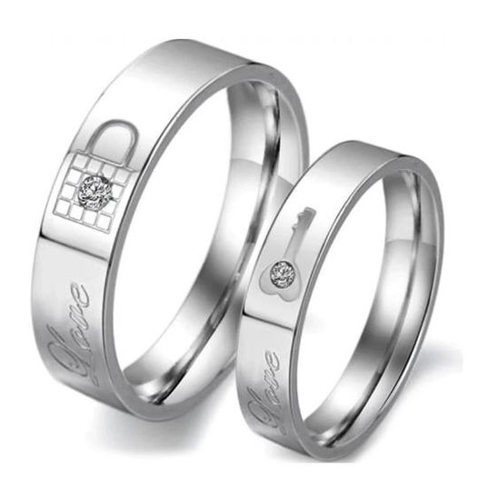 Couple's Lock & Key 316L Stainless Steel Zirconia Ring Set - Image 2