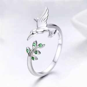 Exquisite 925 Sterling Silver Spring Bird & Leaf Adjustable Ring (Size 6-7)