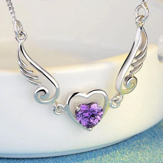 925 Sterling Silver Purple Zirconia Angel Wing Heart Pendant Necklace