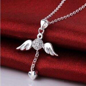 Sterling Silver Plated Zircon Angel Wings Heart Pendant Necklace