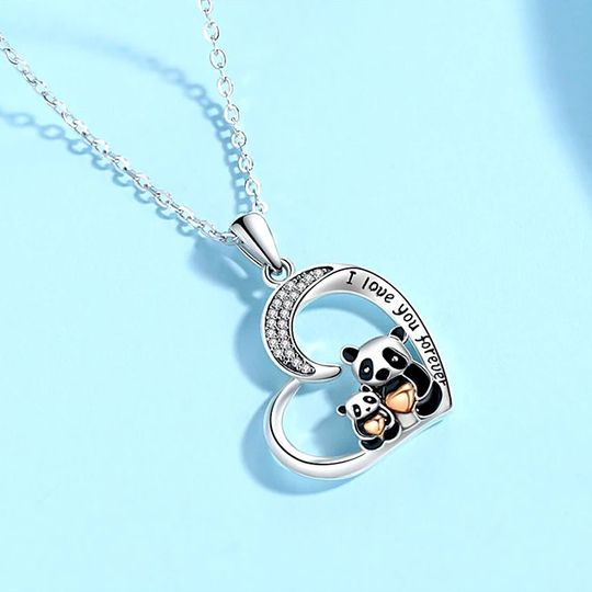 Exquisite 925 Sterling Silver Zirconia Mother & Child Panda Heart Pendant Necklace - Image 3