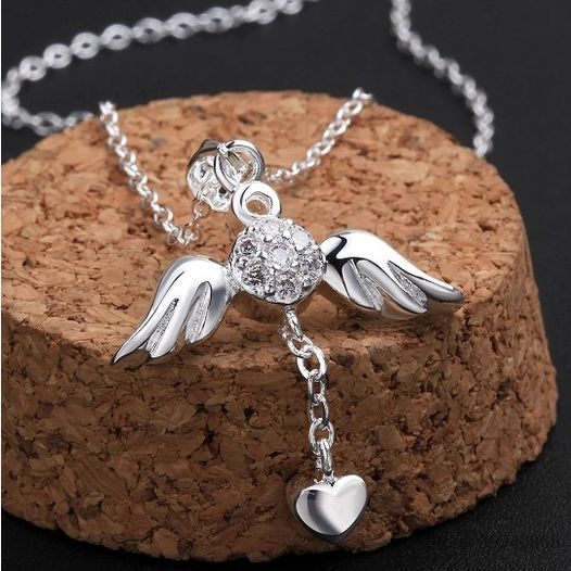 Sterling Silver Plated Zircon Angel Wings Heart Pendant Necklace - Image 2