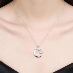 Sterling Silver Plated Moon & Star Micro Zircon Pendant Necklace