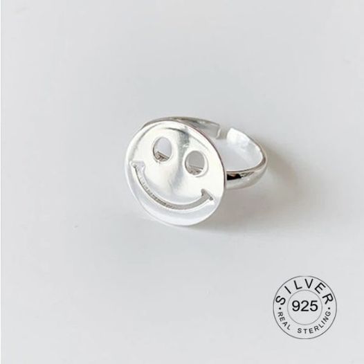 Sterling Silver Plated Large Smiley Face Adjustable Ring (Size 5-7)