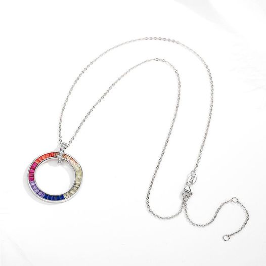 Genuine 925 Sterling Silver Round Multi-Color Zirconia Pendant Necklace - Image 4
