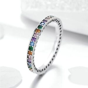 Genuine 100% 925 Sterling Silver Multi-Colored Cubic Zirconia Pave Ring