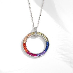 Genuine 925 Sterling Silver Round Multi-Color Zirconia Pendant Necklace