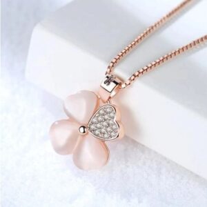 Sterling Silver Plated Pink Crystal Clover Pendant Necklace