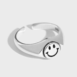 Sterling Silver Plated Classic Smiley Face Adjustable Ring (Size 6-7)