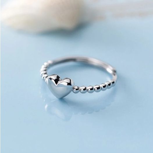 925 Sterling Silver Elegant Heart Adjustable Bead Ring (Size 6-7)