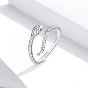 Platinum 925 Sterling Silver Green Zircon Adjustable Snake Ring (Size 6-8)