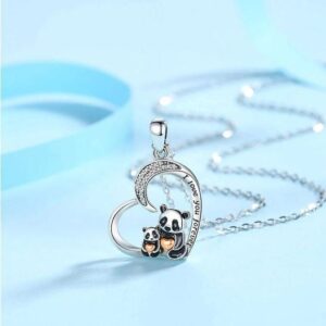 Exquisite 925 Sterling Silver Zirconia Mother & Child Panda Heart Pendant Necklace