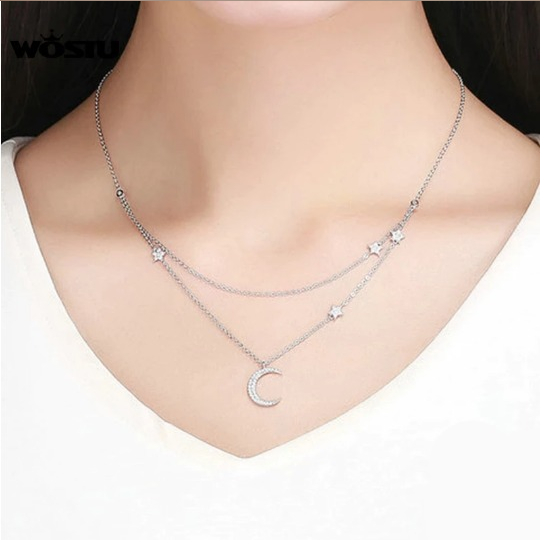 Exquisite 925 Sterling Silver Zircon Moon & Stars Pendant Necklace