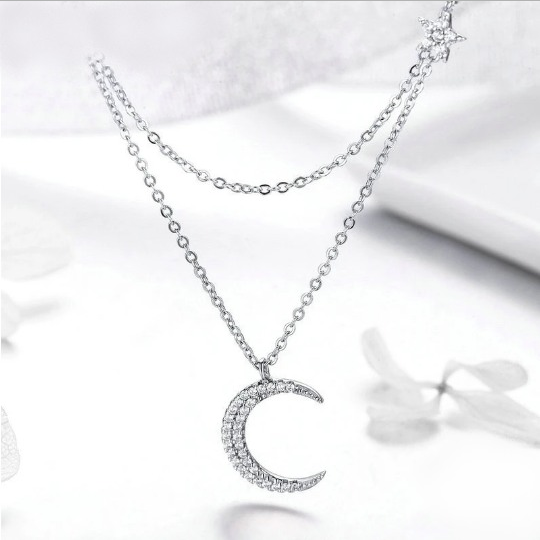 Exquisite 925 Sterling Silver Zircon Moon & Stars Pendant Necklace - Image 2
