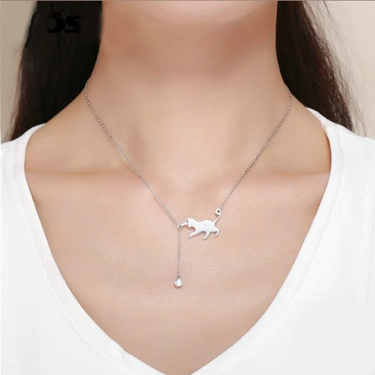 925 Sterling Silver Playful Cat Adjustable Pet Tassel Pendant Necklace