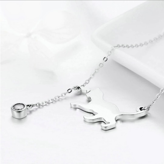 925 Sterling Silver Playful Cat Adjustable Pet Tassel Pendant Necklace - Image 2