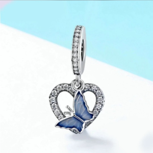 Exquisite 925 Sterling Silver Blue Butterfly Zircon Heart Charm Fit