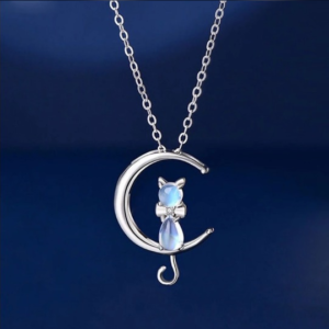 Sterling Silver Plated "Cat on the Moon" Moonstone Pendant Necklace