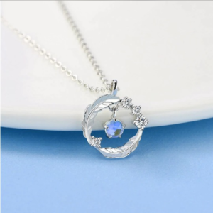 Sterling Silver Plated Dancing Moonstone Feather Pendant Necklace