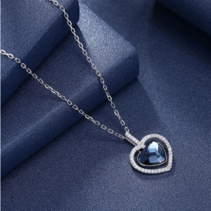 Exquisite 925 Sterling Silver Austrian Crystal Navy Heart Pendant Necklace