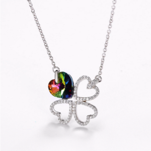 Exquisite 925 Sterling Silver Austrian Crystal Heart Clover Pendant Necklace