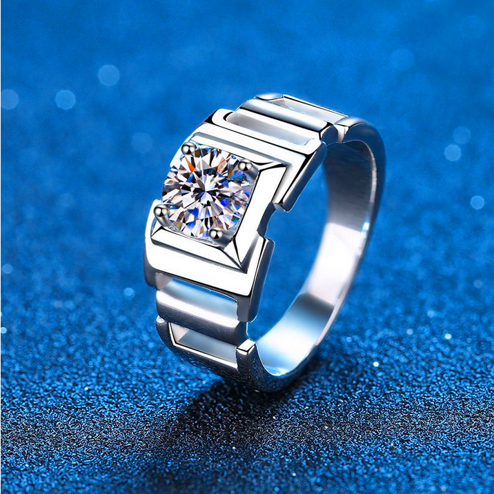 Men’s 14K White Gold Plated Sterling Silver 1CT Moissanite Gemstone Ring