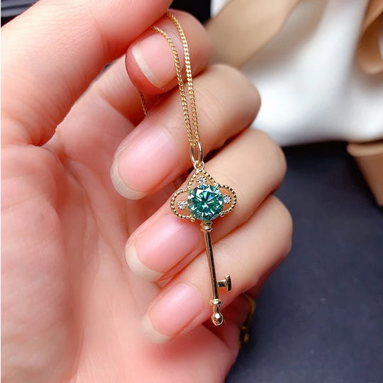 Authentic S925 Sterling Silver 1CT Green Moissanite Gemstone Key Pendant Necklace