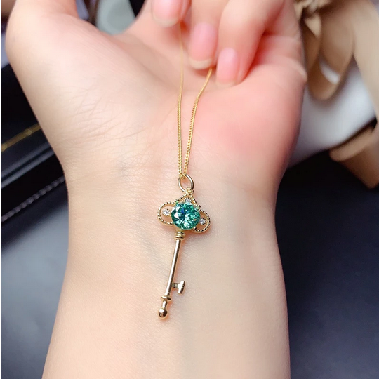 Authentic S925 Sterling Silver 1CT Green Moissanite Gemstone Key Pendant Necklace - Image 3