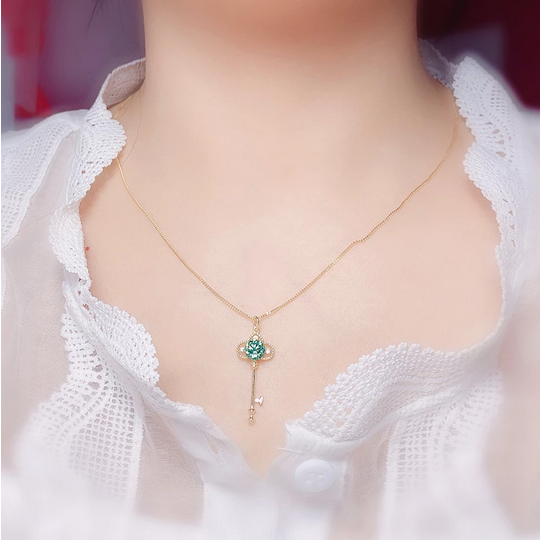 Authentic S925 Sterling Silver 1CT Green Moissanite Gemstone Key Pendant Necklace - Image 2