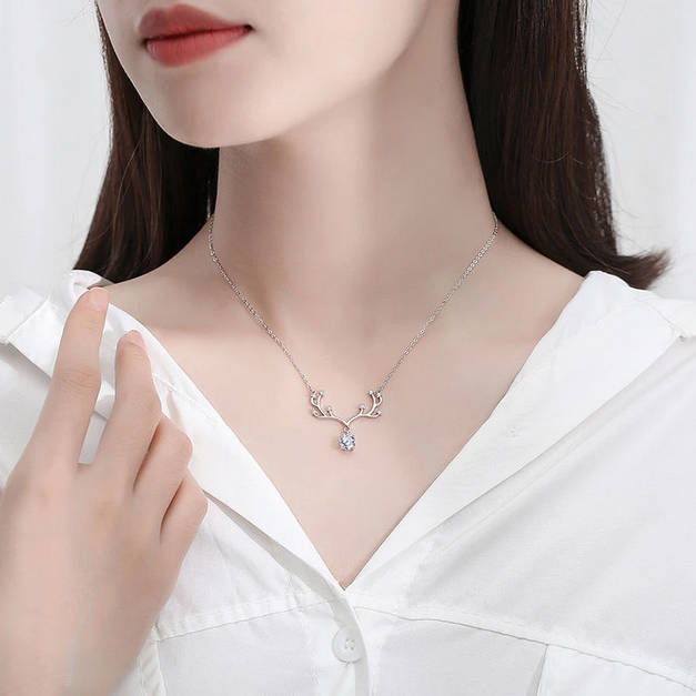 Platinum 925 Sterling Silver 2CT Moissanite Elk Antler Pendant Necklace - Image 2