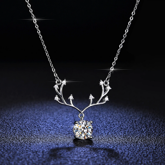 Platinum 925 Sterling Silver 2CT Moissanite Elk Antler Pendant Necklace - Image 3